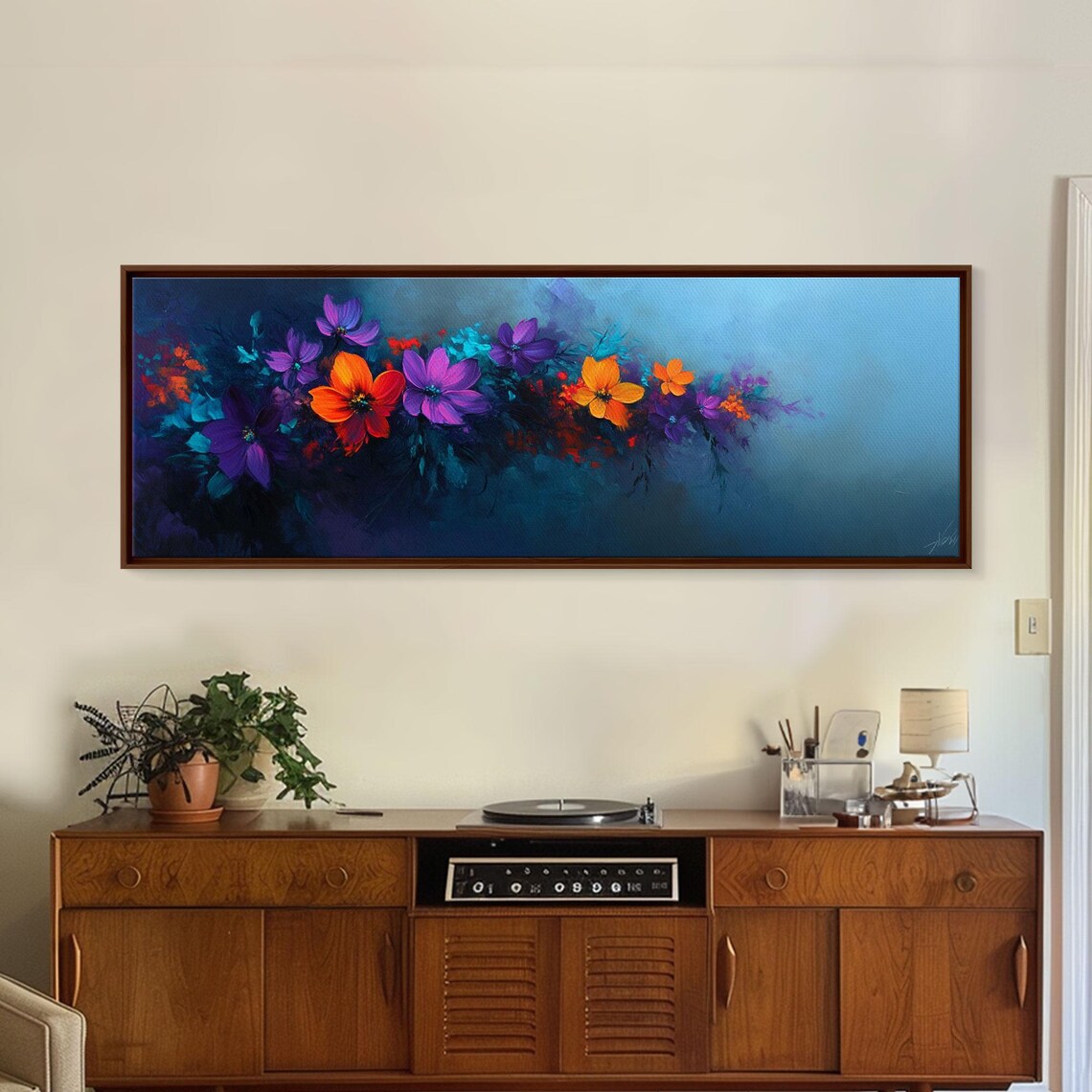 Purple And Orange Flowers On Navy Blue Moody Floral Oil Poster - Image 2