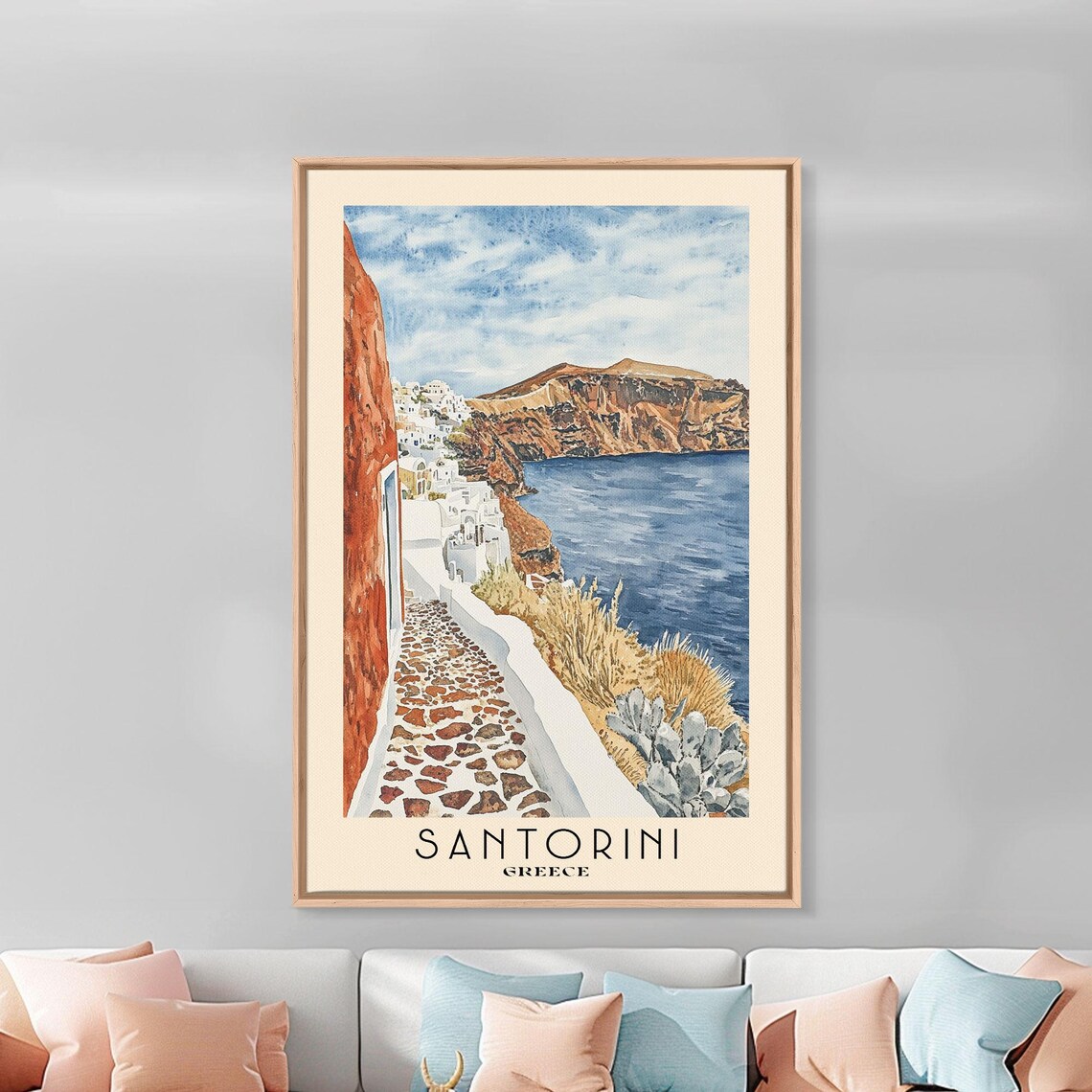 Santorini Greece White Alley Caldera Sea View Red Cliffs Poster - Image 2