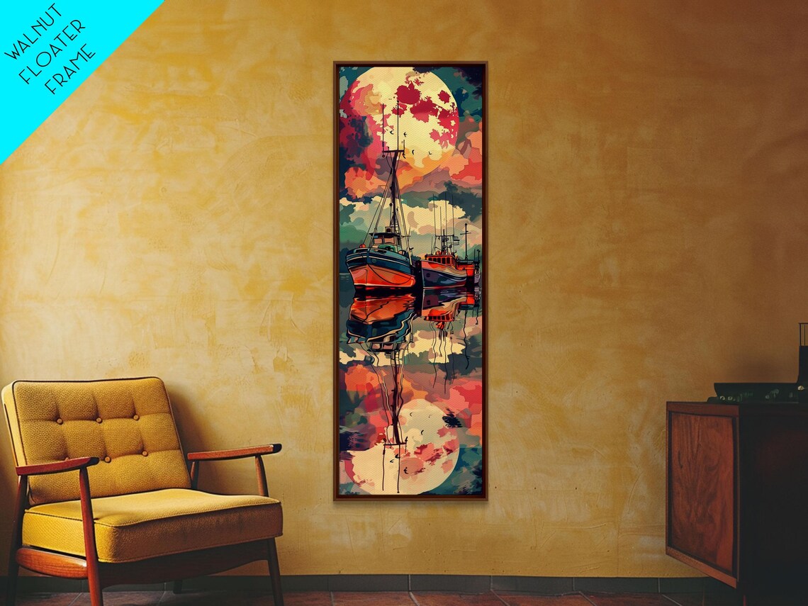 Vibrant Colorful Fishing Boats Full Moon Night Harbor Art Poster - Image 6