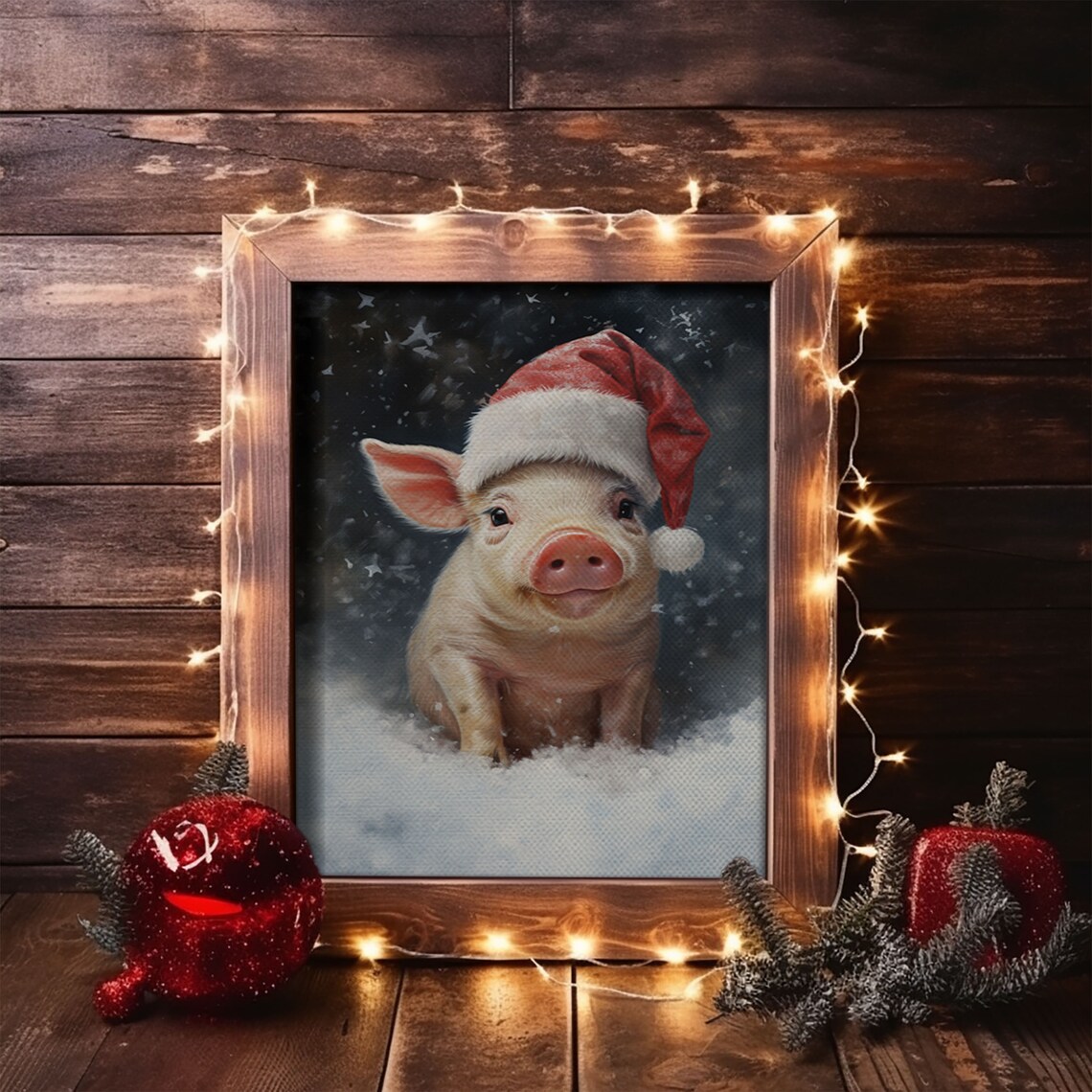 Christmas Pig in a Santa Hat, Vintage Art Print