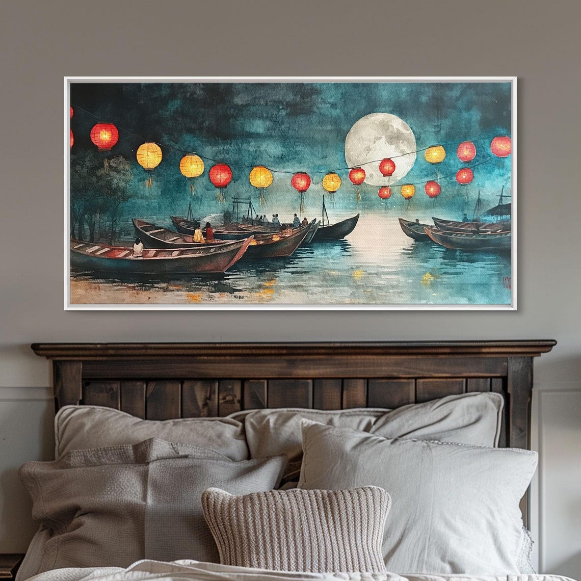Full Moon Lantern Boats Glowing On Night River Scene Art Print - Image 3
