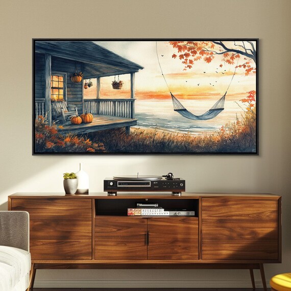 Autumn Beach Porch Pumpkins Sunset Hammock Ocean View Rustic Wall Art