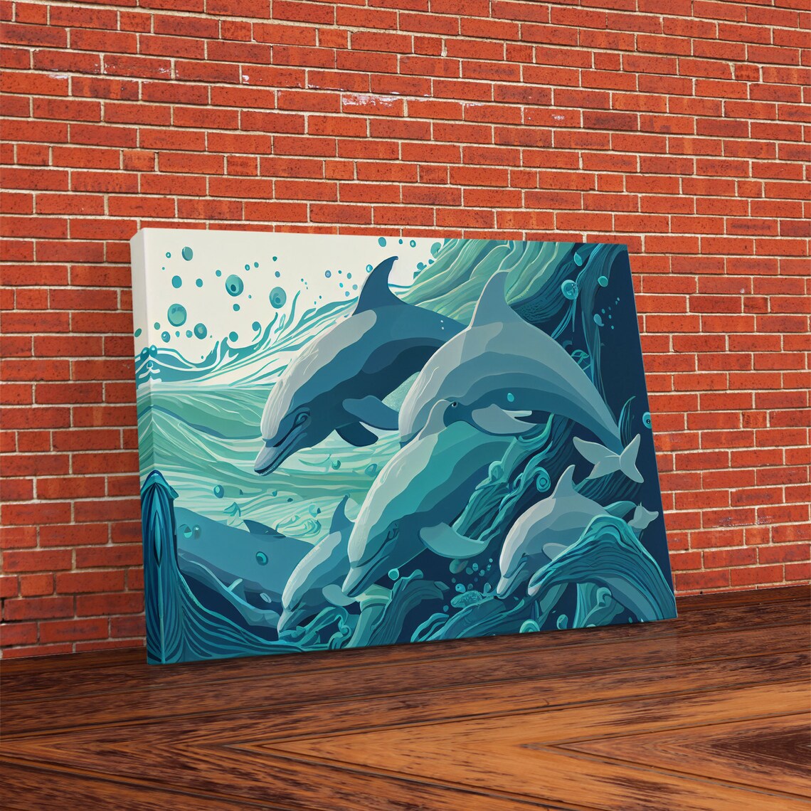 Dolphins In The Ocean, Turquoise Art Print - Image 4