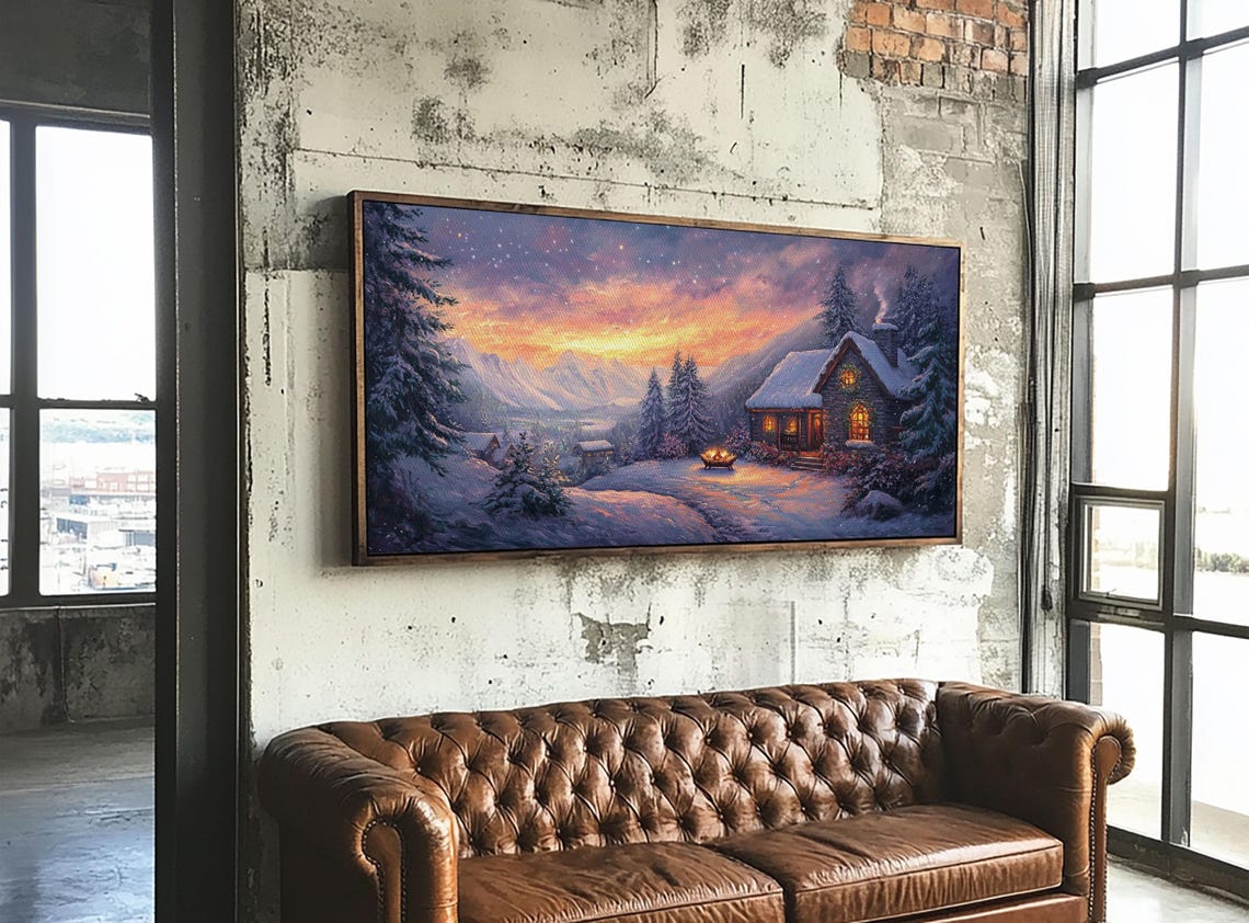 Snowy Mountain Cabin At Sunset With Fire Pit Winter Scene Poster - Image 3