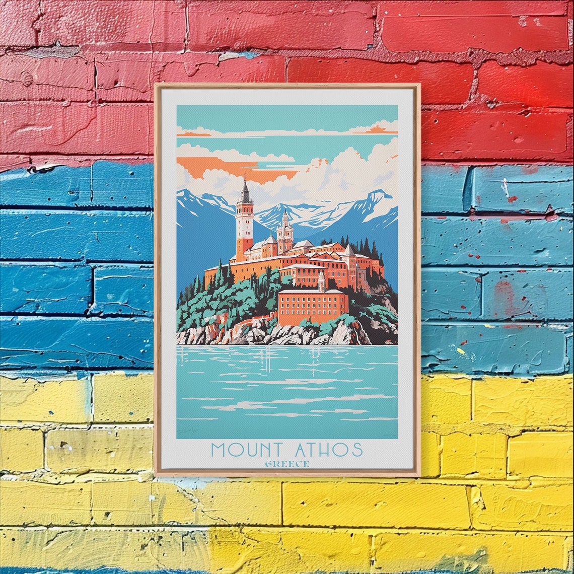 Mount Athos Greece Monastery Cliffs Coastline View Vintage Poster - Image 3