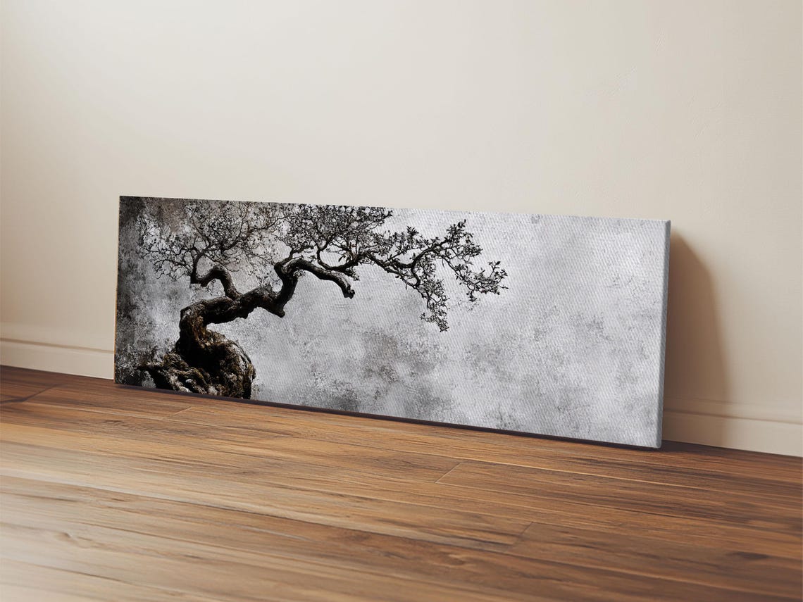 Black And White Bonsai Tree Minimalist Japanese Zen Panoramic Print