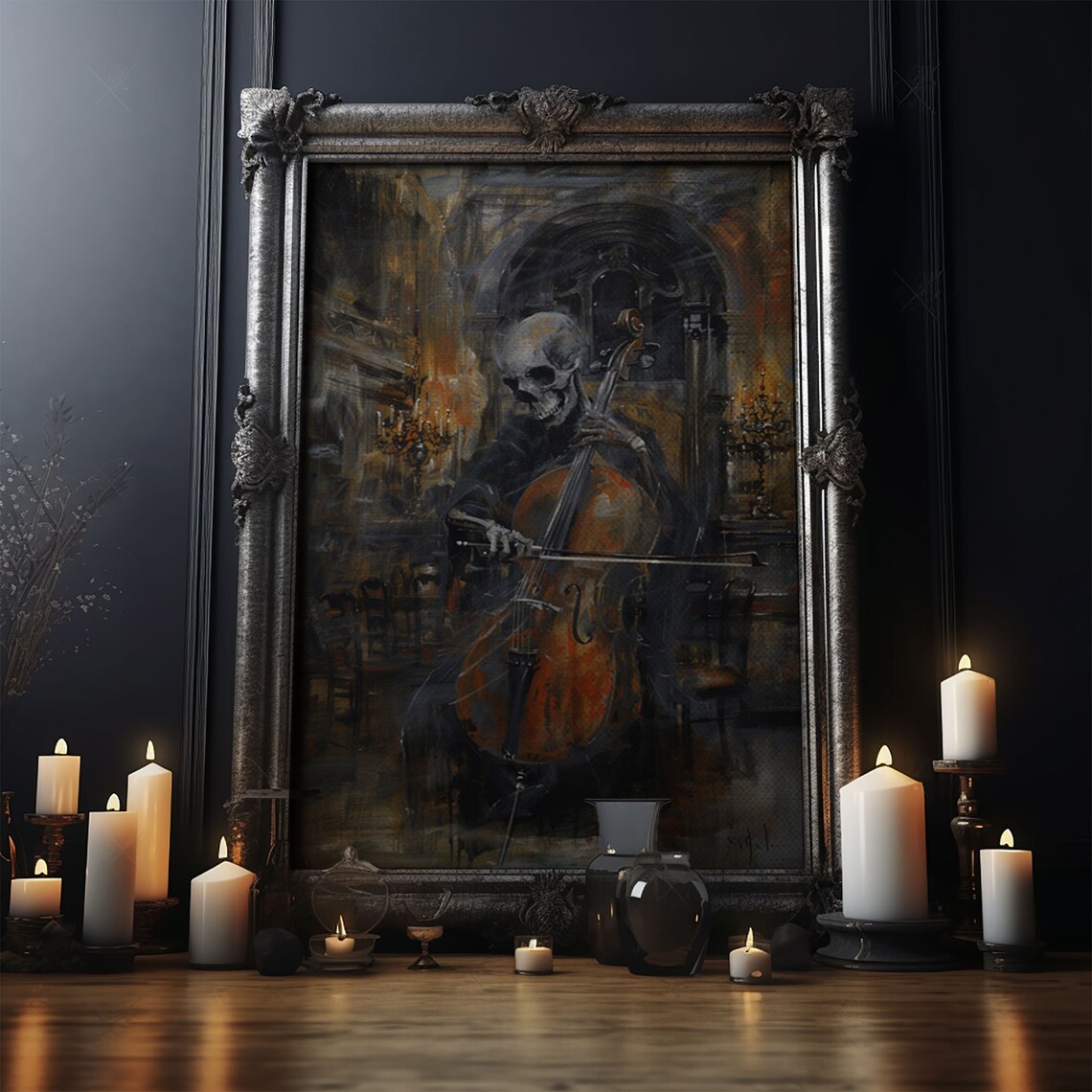 Skeleton Cellist Playing Inside Gothic Cathedral Dark Oil Painting Print - Image 5