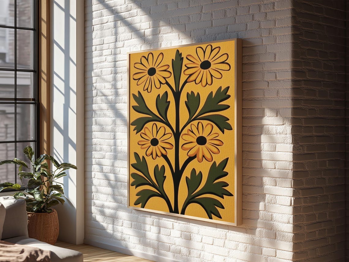 Folk Art Yellow Daisy Flowers Mustard Boho Botanical Wall Poster - Image 5