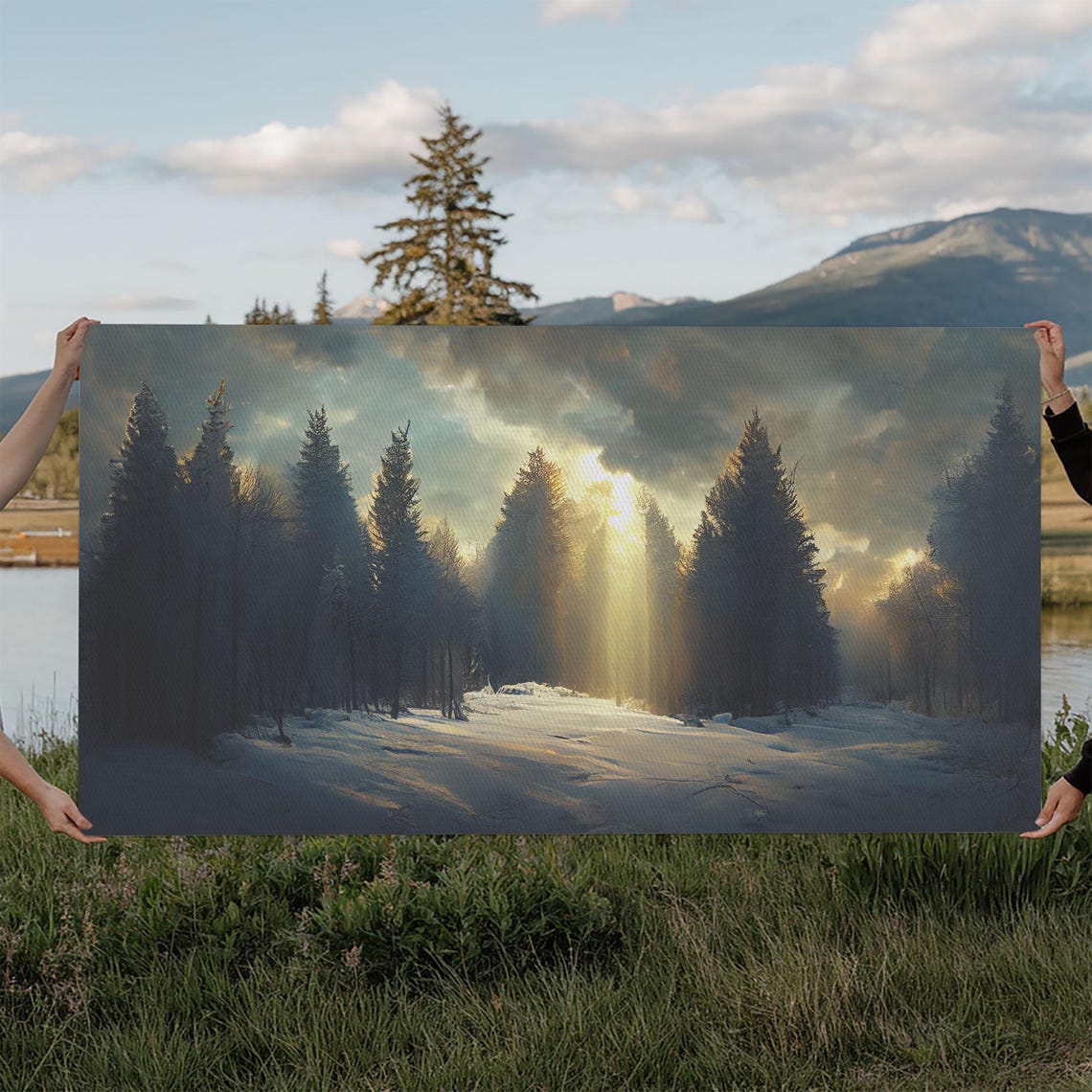 Snowy Pine Forest Sunbeam Winter Landscape Moody Nature Wall Poster