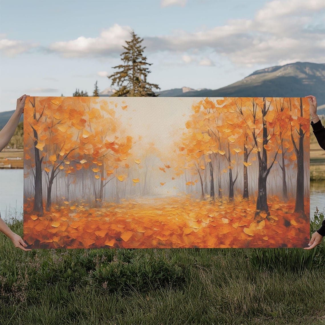 Golden Autumn Forest Falling Leaves Palette Knife Oil Painting Poster