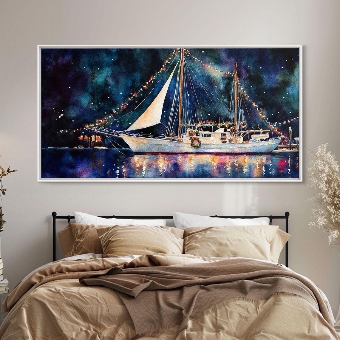 Christmas Sailboat With Holiday Lights Night Harbor Art Print - Image 3