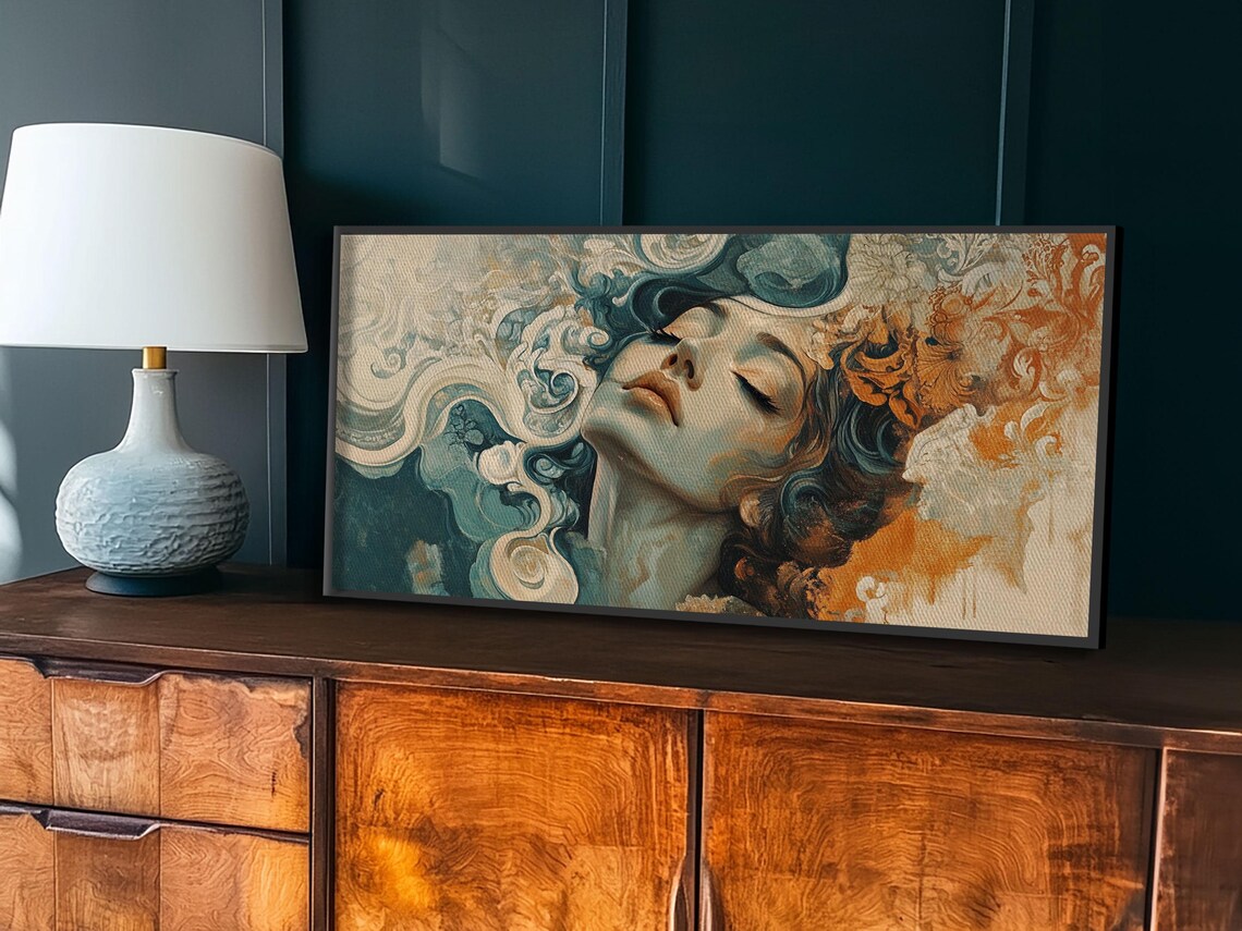 Art Nouveau Woman Flowing Hair Teal Orange Swirls Feminine Wall Poster - Image 5