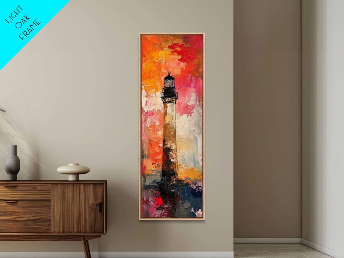 Abstract Lighthouse Painting Pink Orange Sunset Coastal Art Poster - Image 4