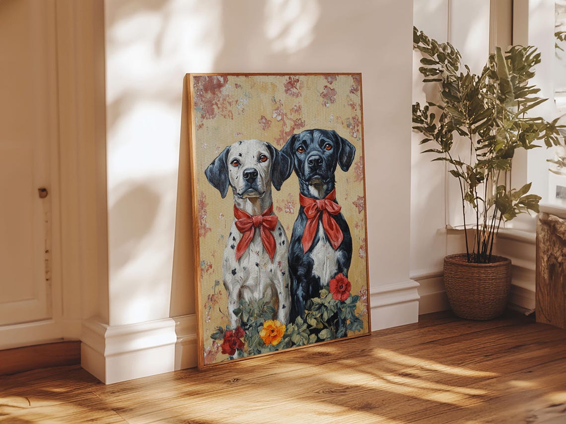 Two Dogs With Red Bows Floral Background Vintage Pet Portrait Poster