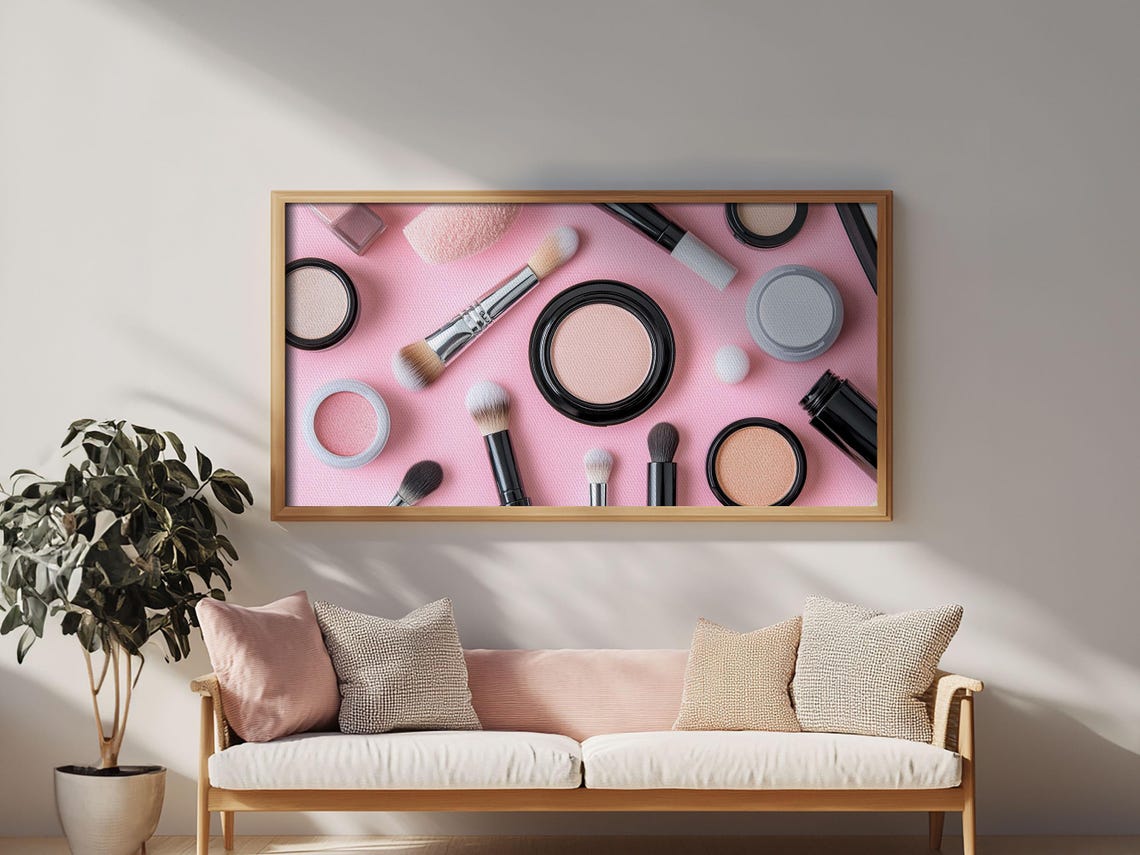 Pink Makeup Flat Lay Brushes And Cosmetics Preppy Vanity Poster - Image 2