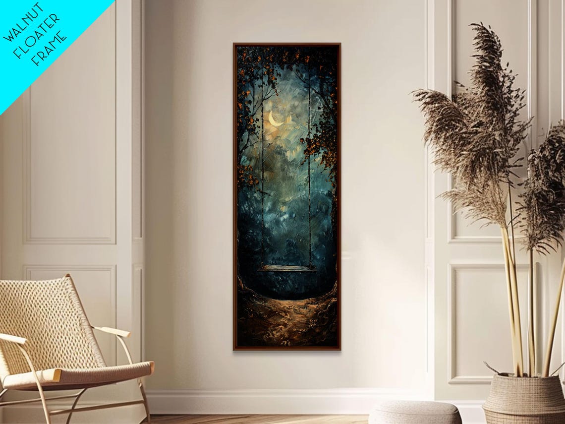 Tree Swing At Midnight Framed Print Secret Garden Dark Academia Whimsical Minimalist Wall Art Night Time Under A Crescent Moon - Image 5