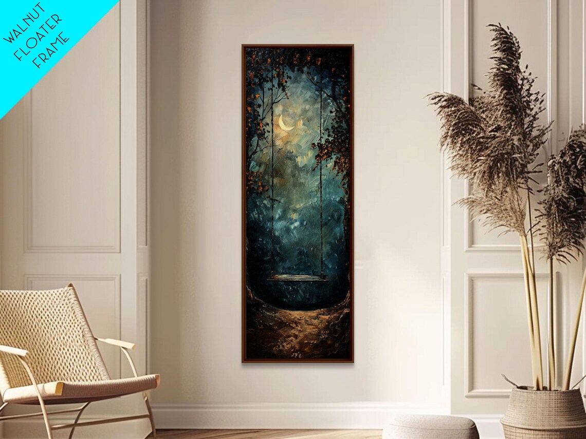 Tree Swing At Night Crescent Moon Dark Moody Forest Whimsical Scene Poster - Image 5