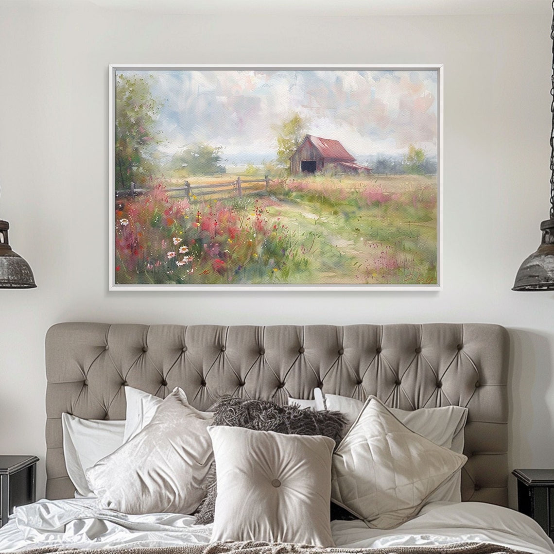 Watercolor Wildflower Meadow Red Barn Rustic Farmhouse Summer Poster - Image 5