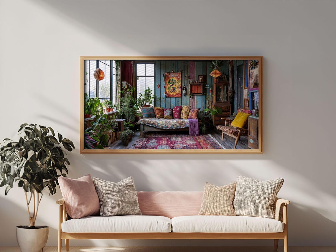 Boho Living Room Interior Daybed Plants Rustic Cottage Cozy Art Print - Image 3