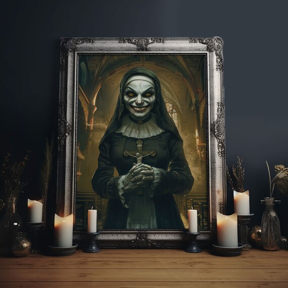 Sinister Grinning Nun Skull Face Cathedral Gothic Horror Art Poster