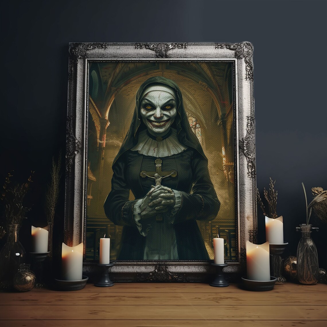 Sinister Grinning Nun Skull Face Cathedral Gothic Horror Art Poster