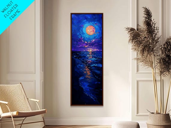 Vibrant Night Sky Over The Ocean With Full Moon Skinny And Tall Art Bold And Colorful Framed Print Landscape Wall Art