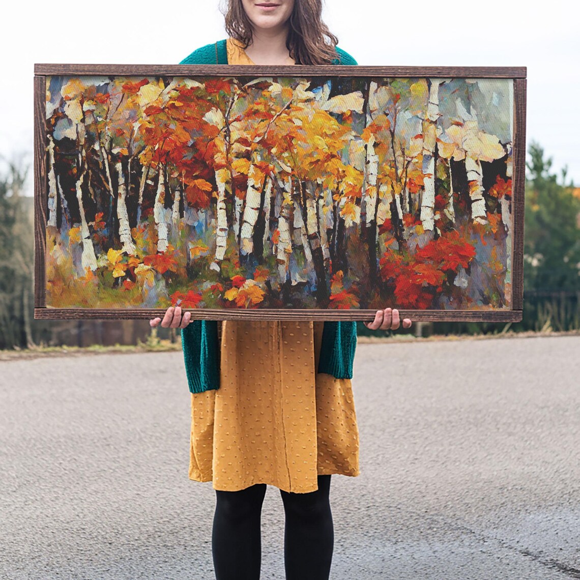 Large Birch Trees Print, Boho Autumn Landscape