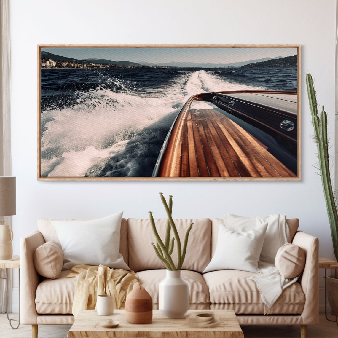 Classic Wooden Speedboat White Wake Open Sea Coastline Poster - Image 3