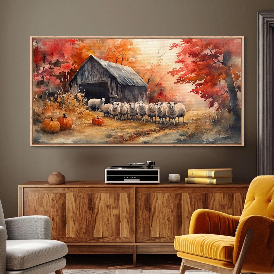 Woolly Sheep Flock By Old Barn With Pumpkins Autumn Art Print - Image 4