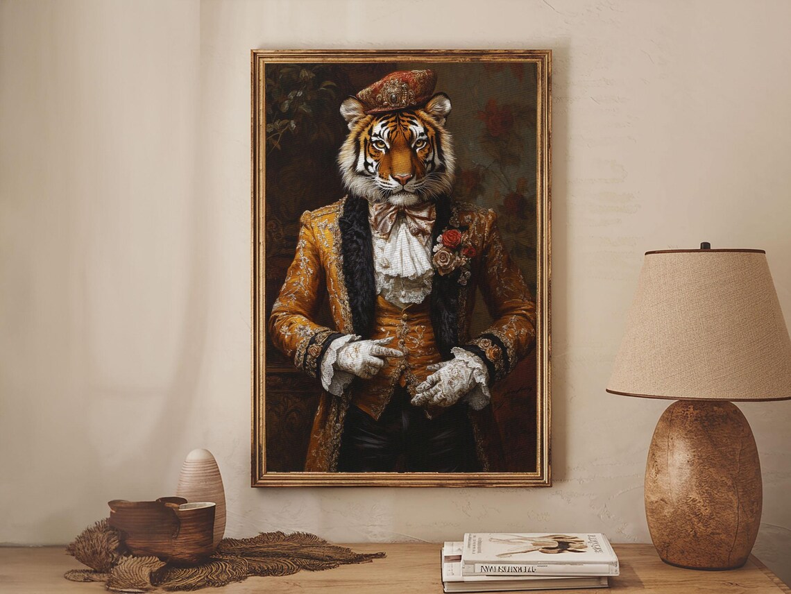 Dapper Tiger Gentleman Portrait Gold Brocade Suit Whimsical Animal Wall Art - Image 2