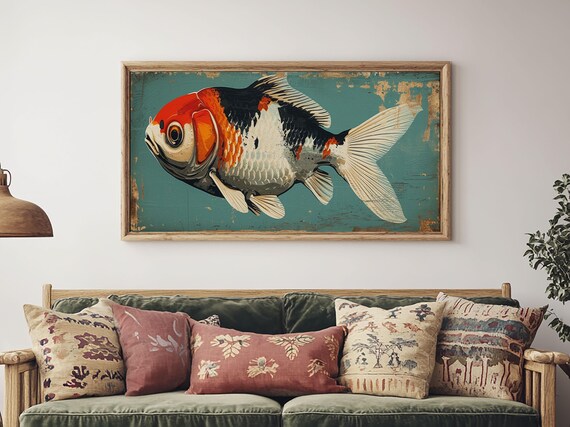 Gold Fish Painting Print Wood Framed Print Wall Art Home Decor For Above Sofa In Living Room