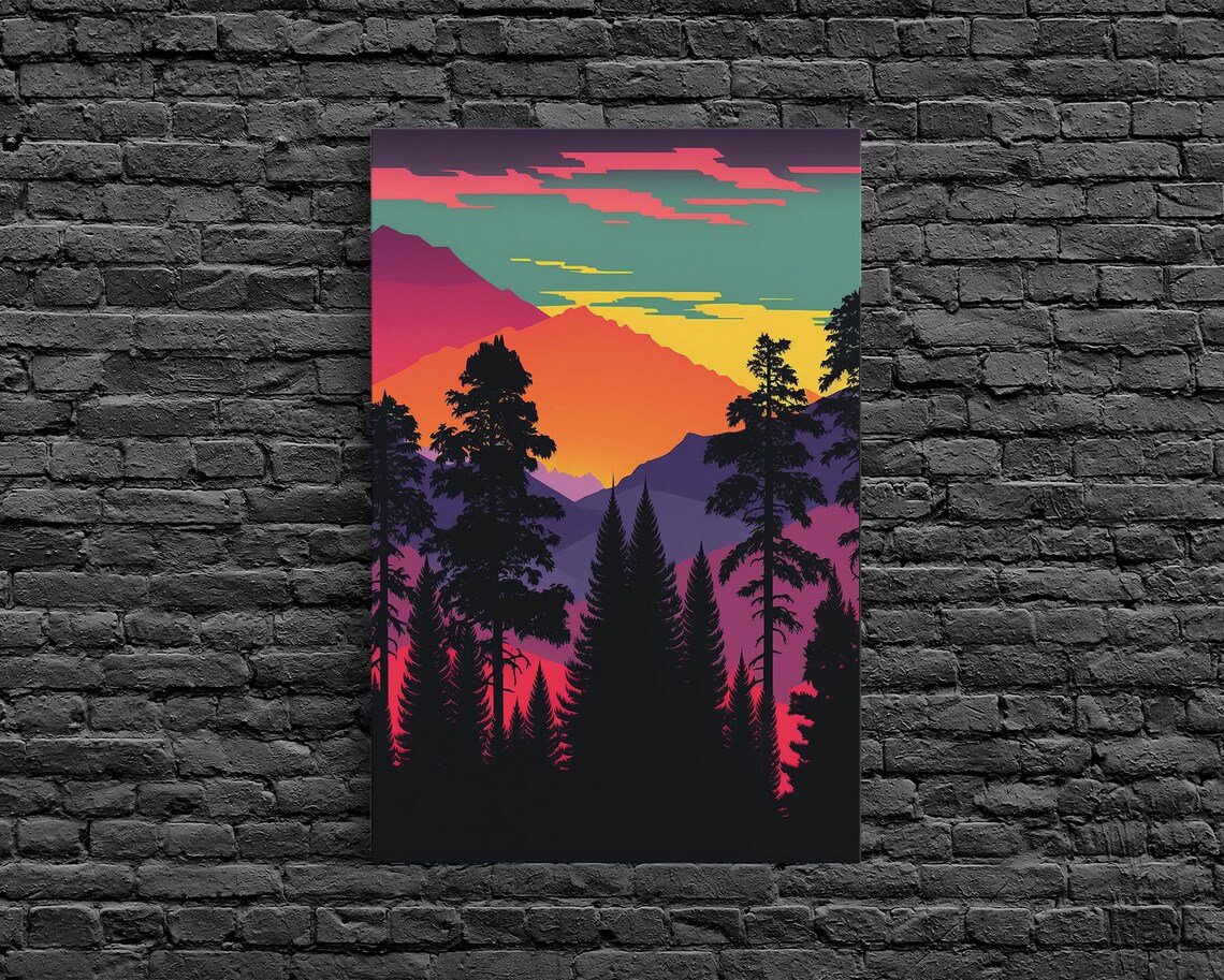 Pacific Northwest Pop Art Framed Prints Washington State Pine Tree Forest And Mountain Landscape At Sunset Vibrant Art - Image 6