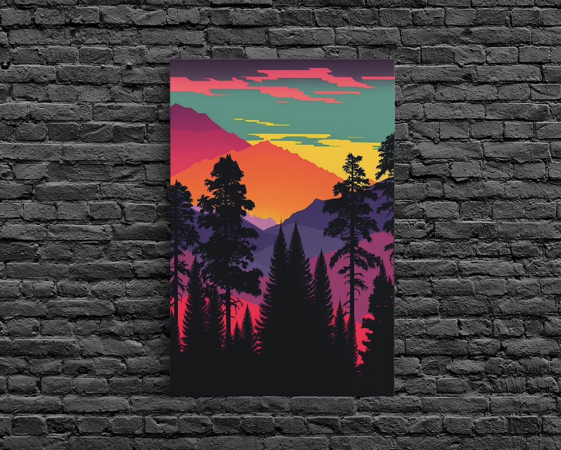Vibrant Pop Art Mountains Sunset Pine Silhouettes Layered Peaks Poster - Image 6