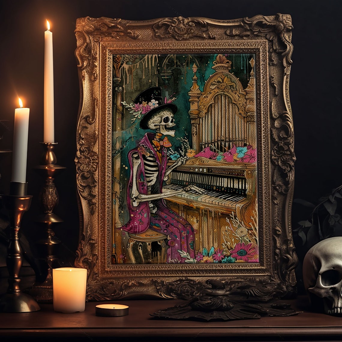 Skeleton Organ Player Flower Top Hat Gothic Church Art Poster - Image 6