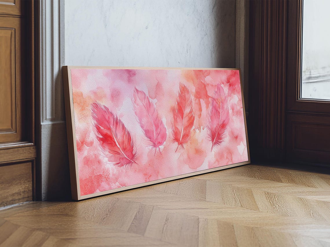 Pink Watercolor Feathers Wide Horizontal Blush Feather Art Print - Image 5