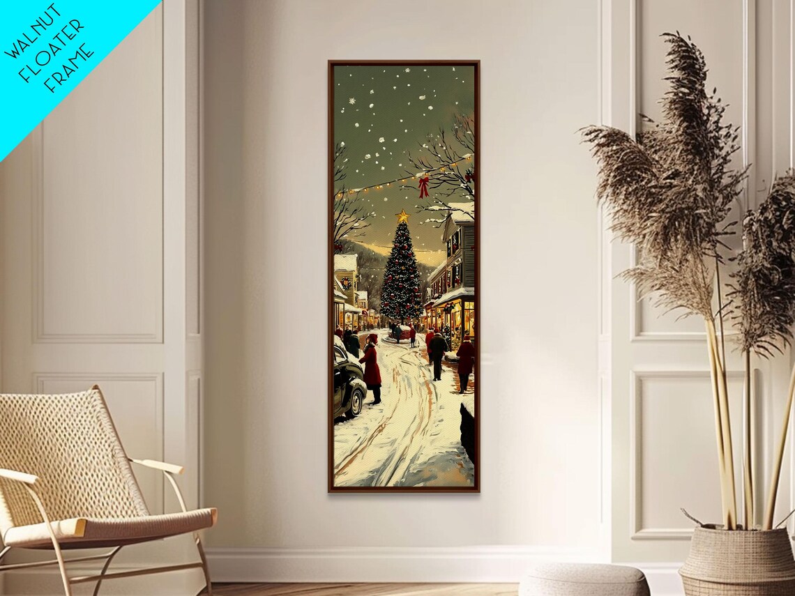 Snowy Christmas Market Street Tree Lights Festive Night Wall Art - Image 5