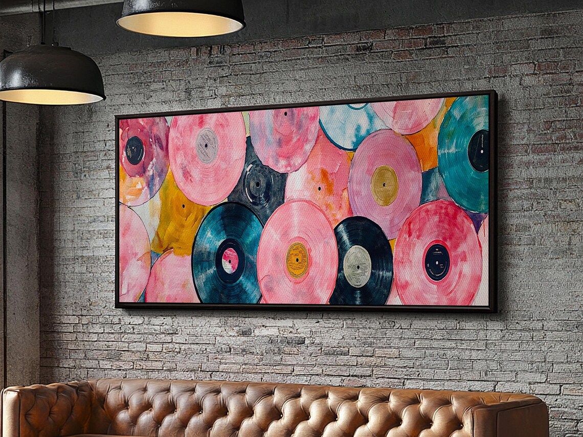 Colorful Vinyl Records Wide Horizontal Retro Pink Teal Music Art Poster - Image 3