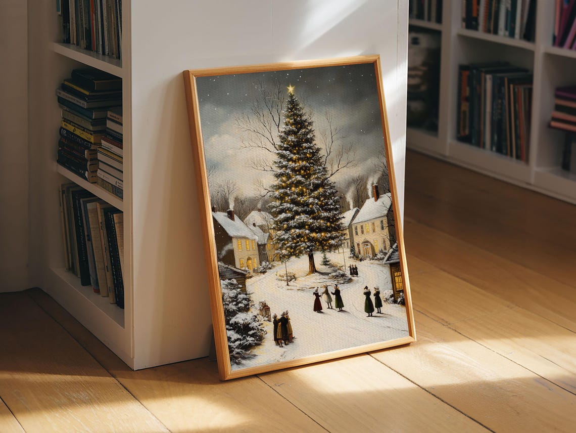 Snowy Christmas Village With Lit Tree Night Scene Holiday Art Poster - Image 5