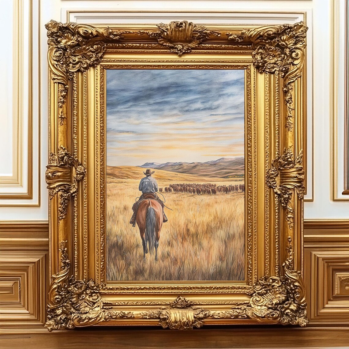 Lone Cowboy Leading Cattle Across Golden Prairie Dusk Poster - Image 2