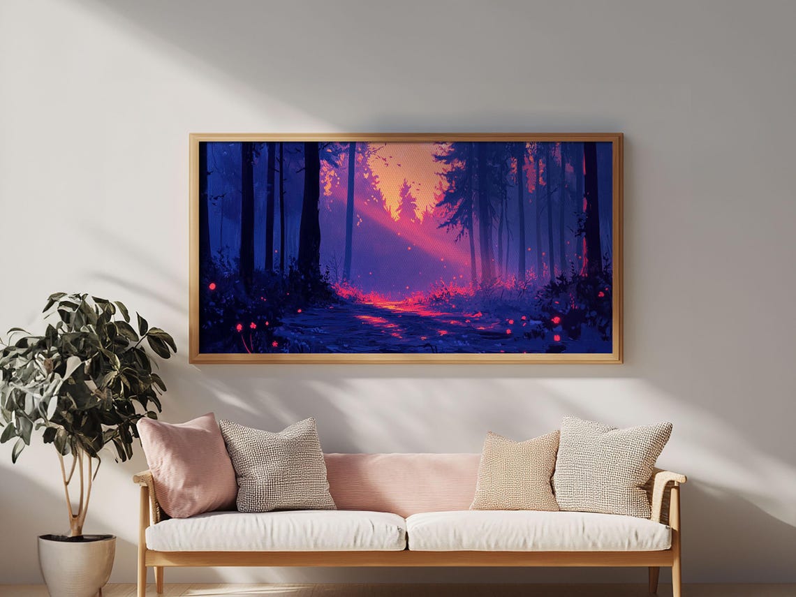 Forest Path Pink Dusk Light Purple Trees Retro Landscape Poster - Image 5