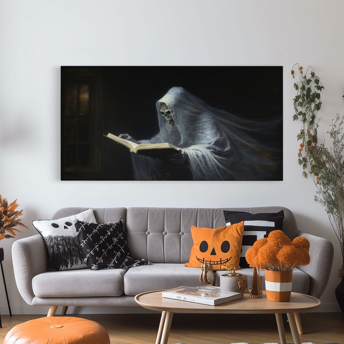 Reading Ghost Skeletal Figure With Book Moody Panoramic Wall Art - Image 5