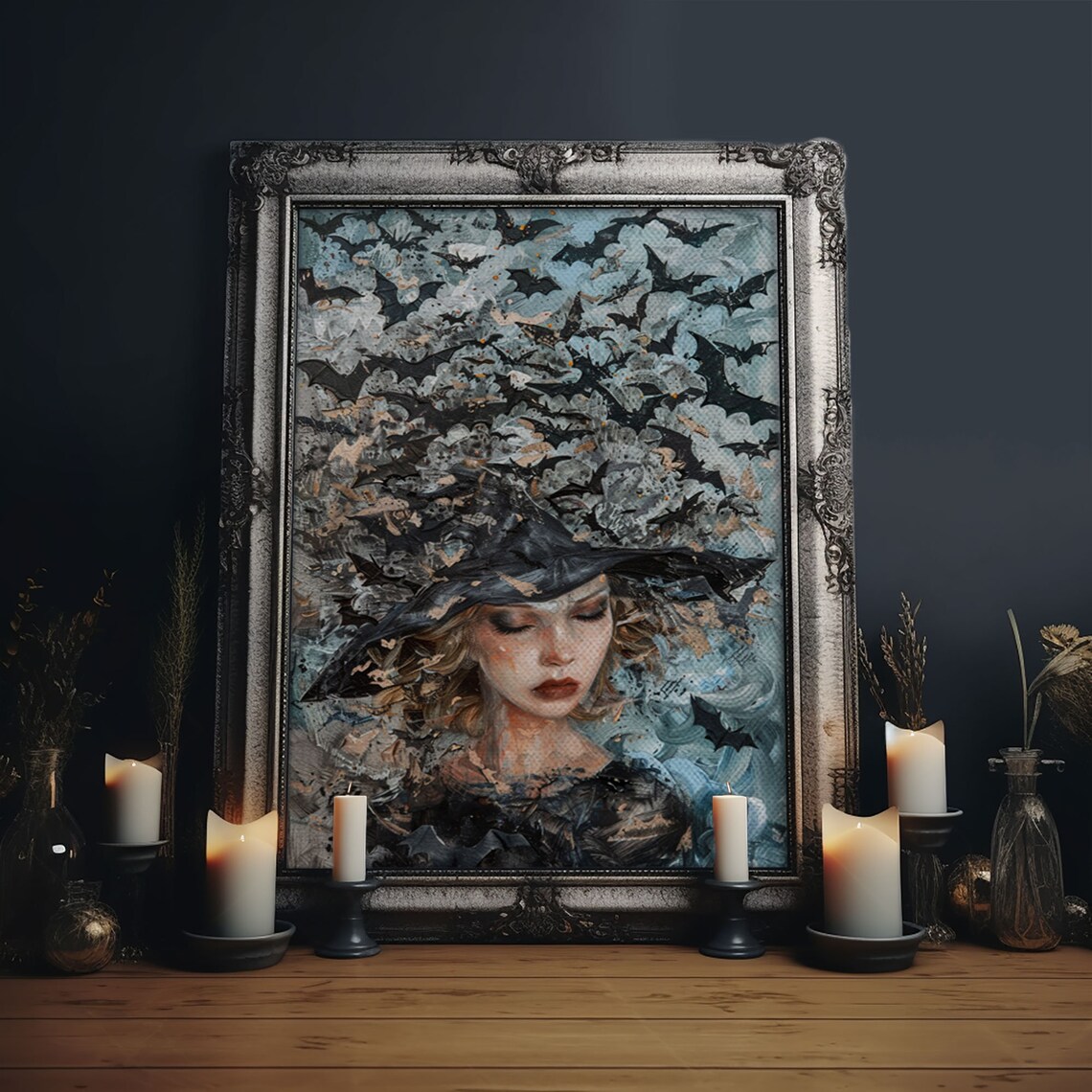 Witch In Bat Swarm Spooky Halloween Art Print