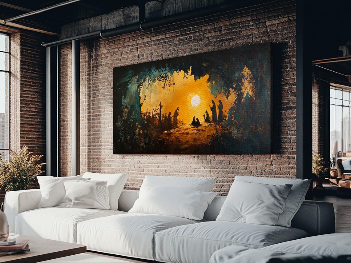 Christmas Nativity Manger Golden Light Silhouette Oil Painting Poster - Image 2