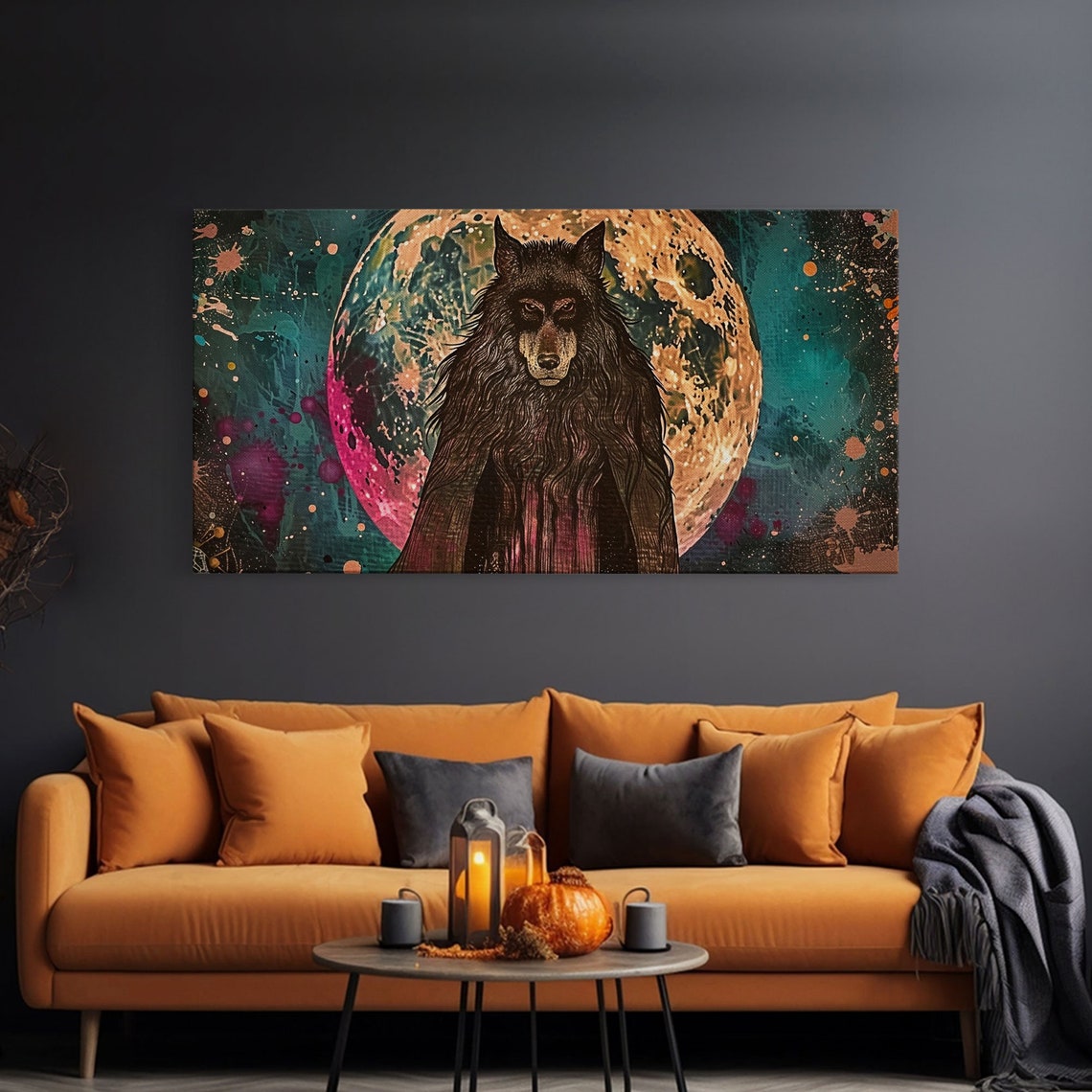 Hooded Werewolf Before Full Moon Colorful Night Sky Halloween Print - Image 3