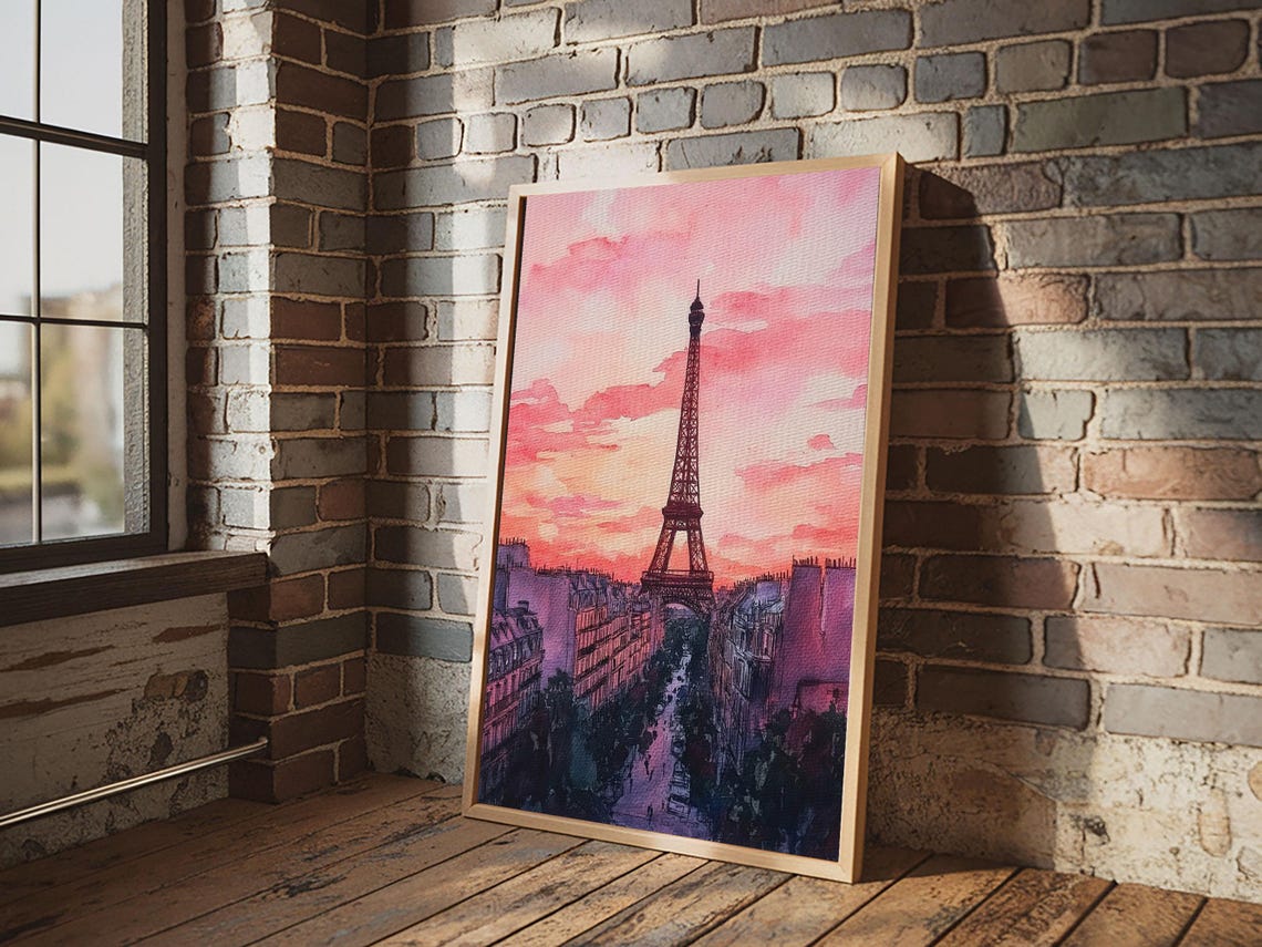 Eiffel Tower Sunset Paris Street Watercolor Romantic Skyline Poster - Image 3