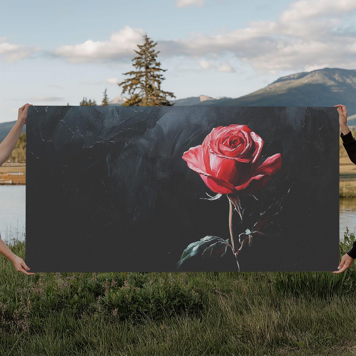 Moody Red Rose Oil Painting Single Flower on Black Background Poster - Image 2