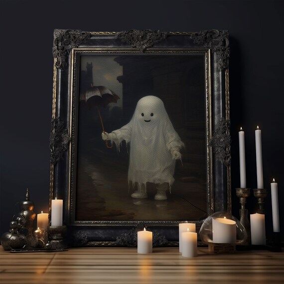 Cute Ghost Umbrella Rain Vintage Painting Funny Halloween Art Poster