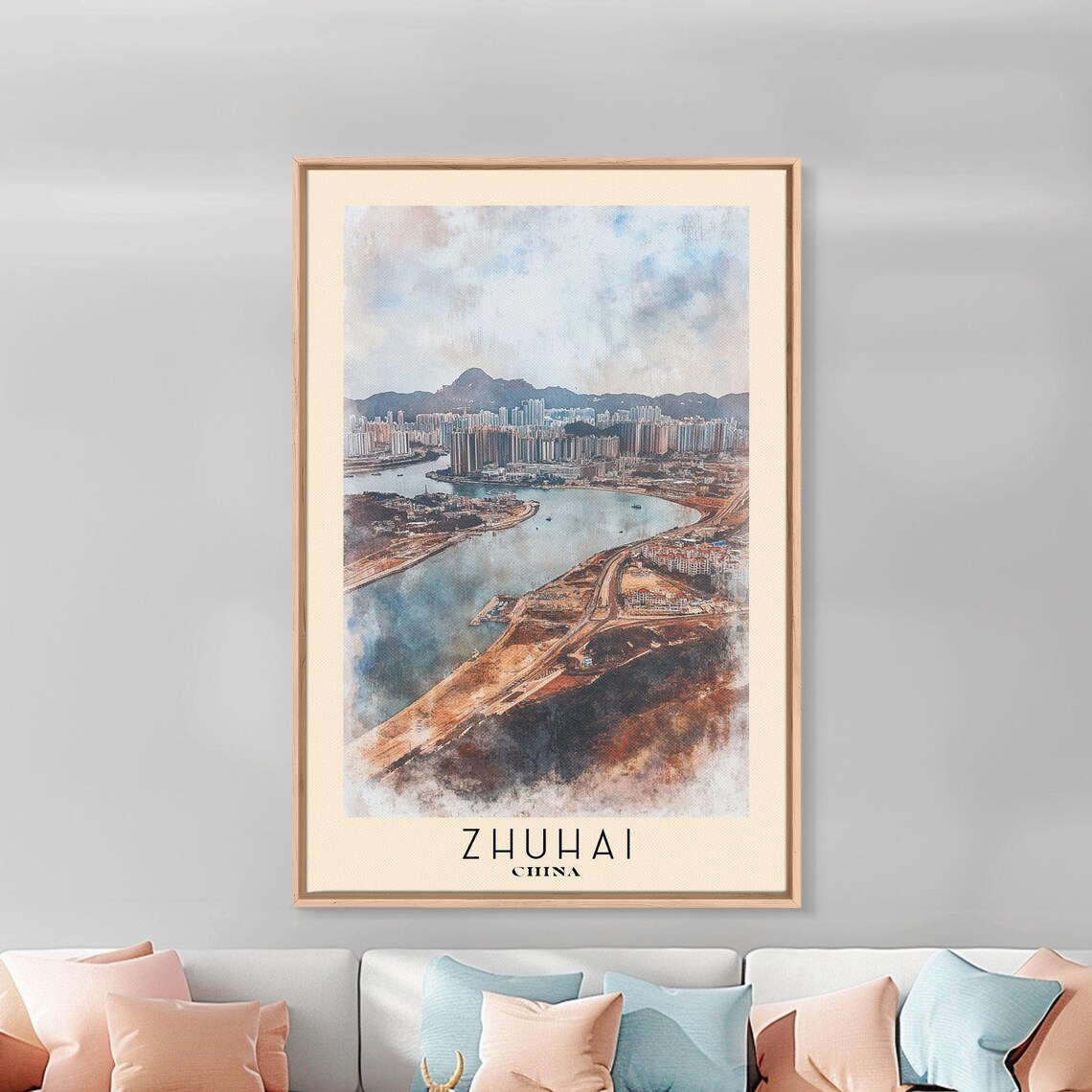 Zhuhai China Harbor Skyline Cityscape Watercolor Travel Poster - Image 2