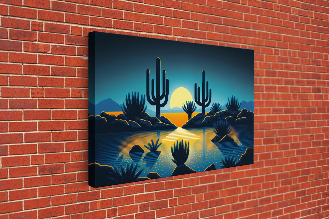 Retro Art Deco Pueblo Desert Landscape, Full Moon Art Print - Image 3