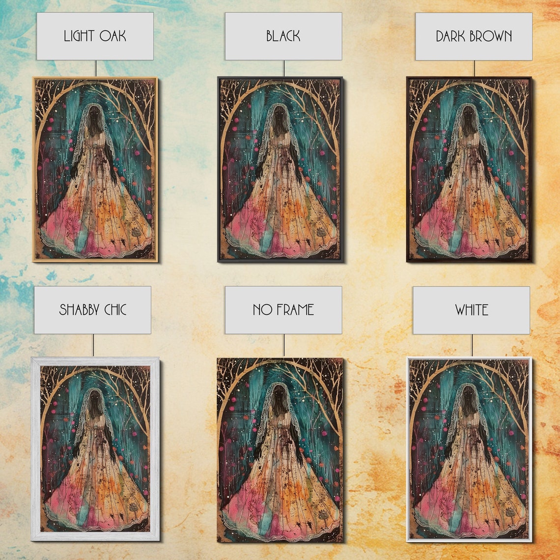 Veiled Ghost Lady Colorful Gown Dark Forest Halloween Art Poster - Image 2